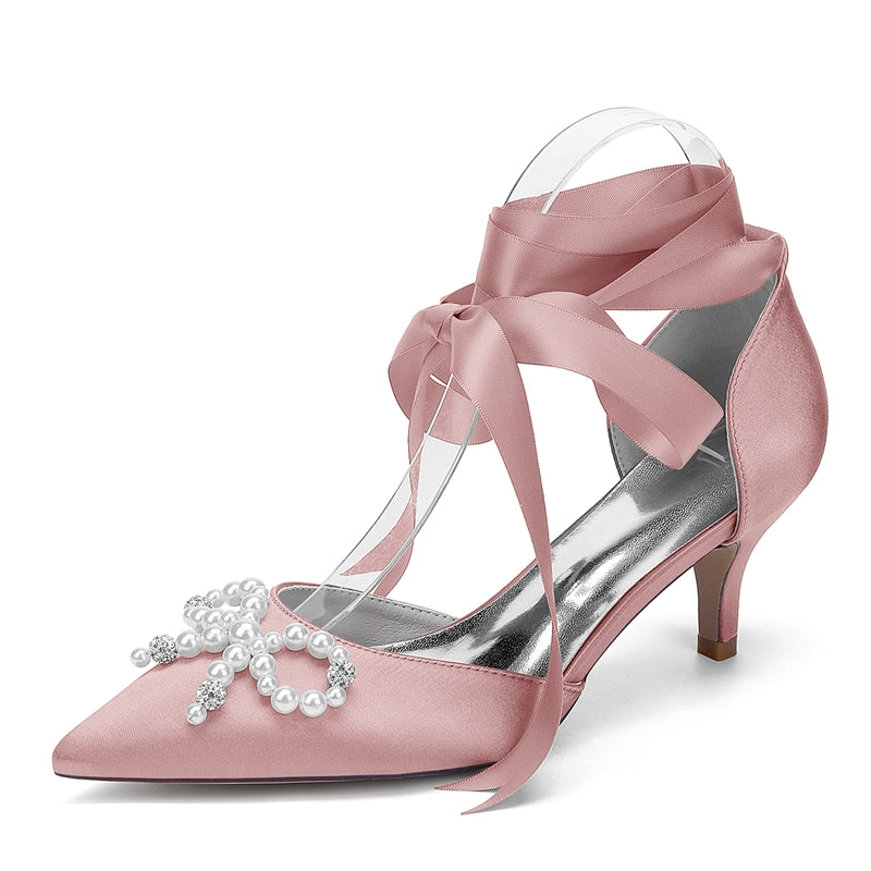 Bridal Shoes for Women with Mid Heel Closed Toe Ankle Straps Pearls & Rhinestones Bowknot