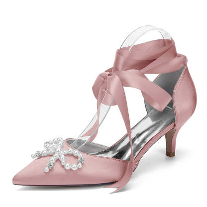 Bridal Shoes for Women with Mid Heel Closed Toe Ankle Straps Pearls & Rhinestones Bowknot