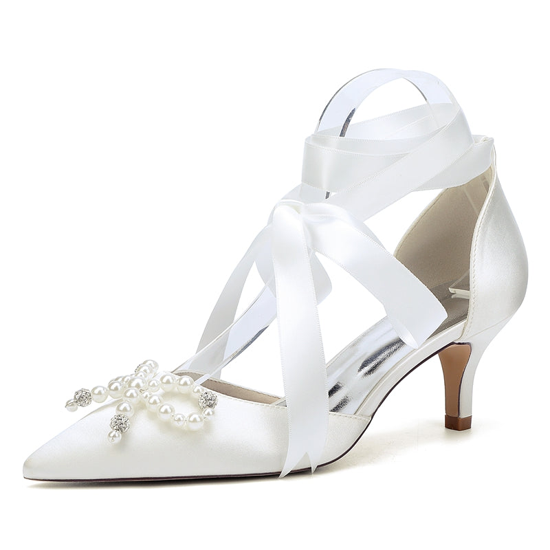 Bridal Shoes for Women with Mid Heel Closed Toe Ankle Straps Pearls & Rhinestones Bowknot