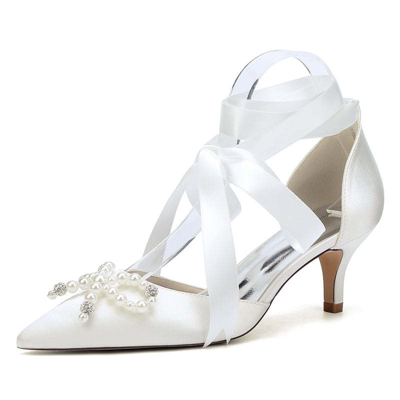 Bridal Shoes for Women with Mid Heel Closed Toe Ankle Straps Pearls & Rhinestones Bowknot