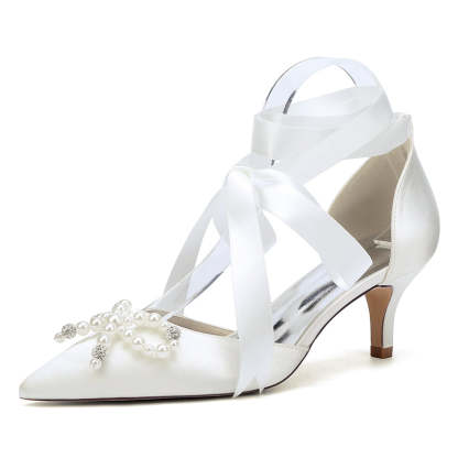 Bridal Shoes for Women with Mid Heel Closed Toe Ankle Straps Pearls & Rhinestones Bowknot