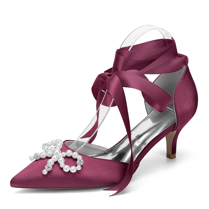 Bridal Shoes for Women with Mid Heel Closed Toe Ankle Straps Pearls & Rhinestones Bowknot