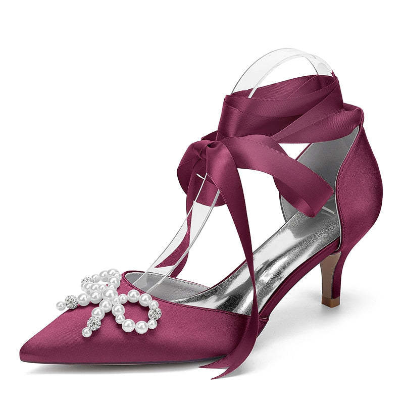 Bridal Shoes for Women with Mid Heel Closed Toe Ankle Straps Pearls & Rhinestones Bowknot
