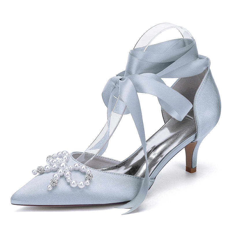 Bridal Shoes for Women with Mid Heel Closed Toe Ankle Straps Pearls & Rhinestones Bowknot