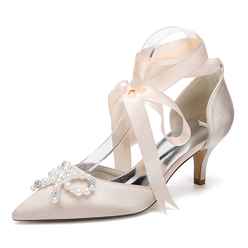 Bridal Shoes for Women with Mid Heel Closed Toe Ankle Straps Pearls & Rhinestones Bowknot