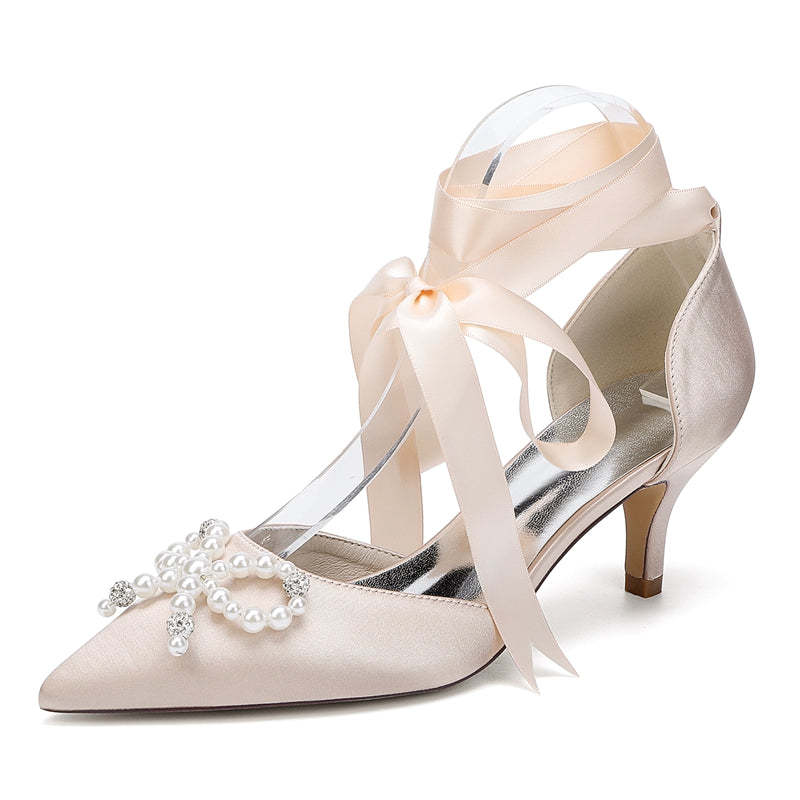 Bridal Shoes for Women with Mid Heel Closed Toe Ankle Straps Pearls & Rhinestones Bowknot