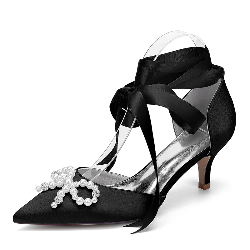 Bridal Shoes for Women with Mid Heel Closed Toe Ankle Straps Pearls & Rhinestones Bowknot