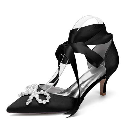 Bridal Shoes for Women with Mid Heel Closed Toe Ankle Straps Pearls & Rhinestones Bowknot