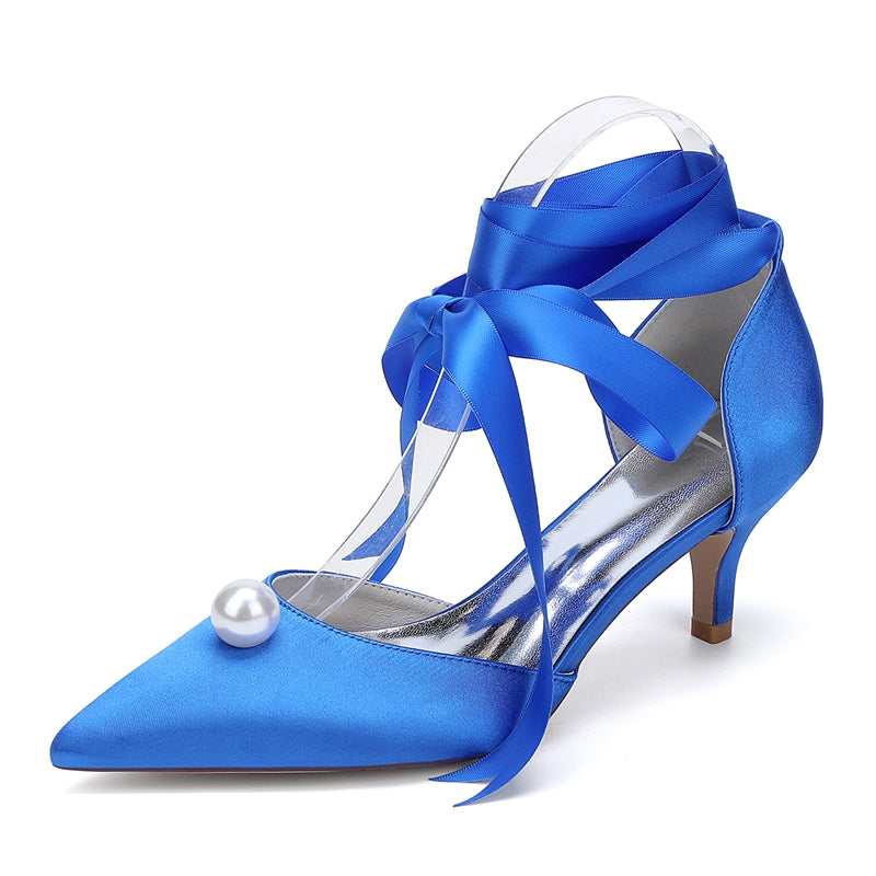 Bridal Shoes for Women with Ankle Straps and Pearl Mid Heel Pointed Toe