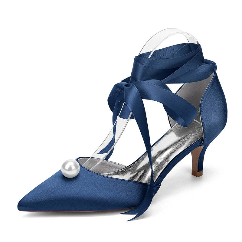 Bridal Shoes for Women with Ankle Straps and Pearl Mid Heel Pointed Toe