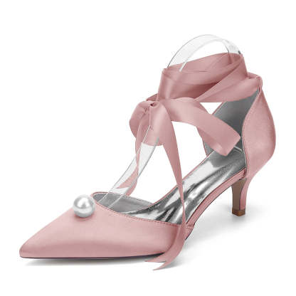 Bridal Shoes for Women with Ankle Straps and Pearl Mid Heel Pointed Toe