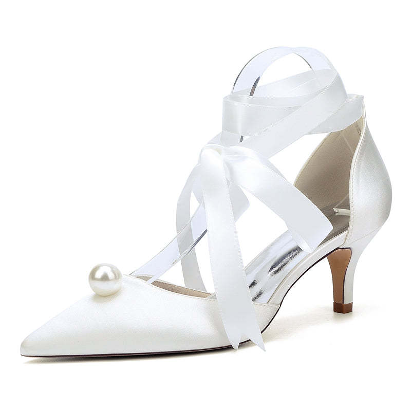 Bridal Shoes for Women with Ankle Straps and Pearl Mid Heel Pointed Toe