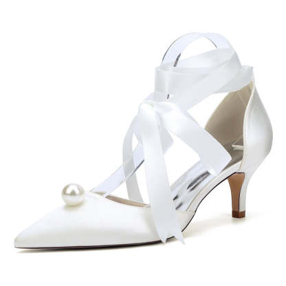 Bridal Shoes for Women with Ankle Straps and Pearl Mid Heel Pointed Toe