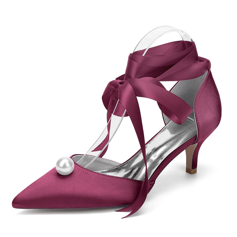 Bridal Shoes for Women with Ankle Straps and Pearl Mid Heel Pointed Toe