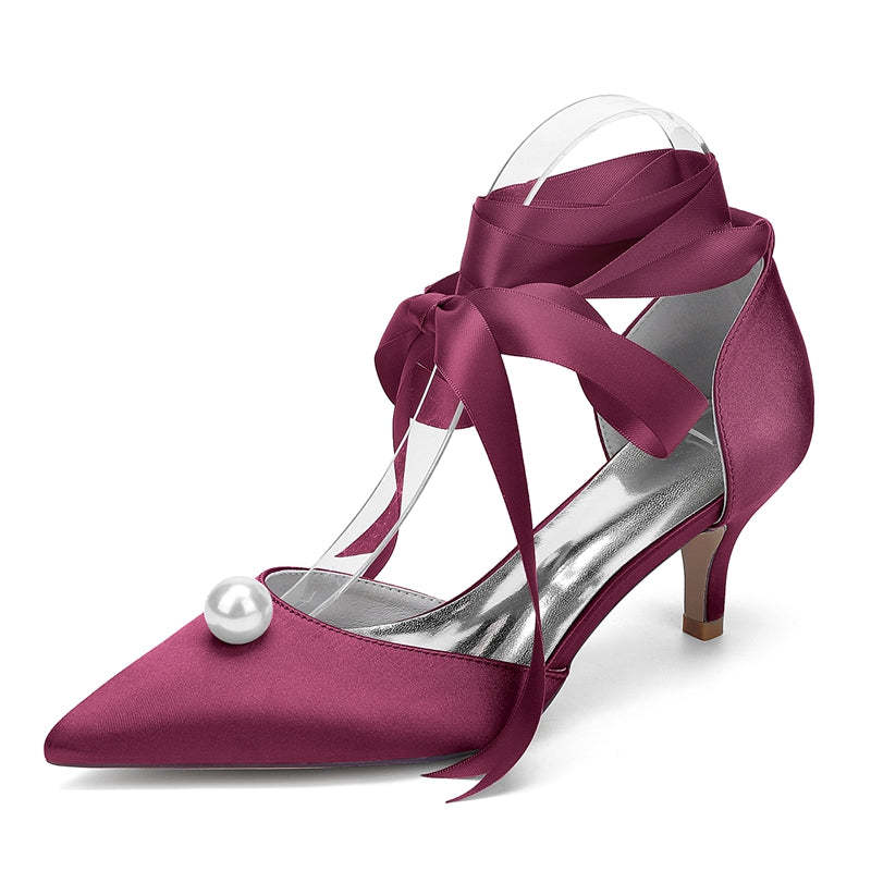 Bridal Shoes for Women with Ankle Straps and Pearl Mid Heel Pointed Toe