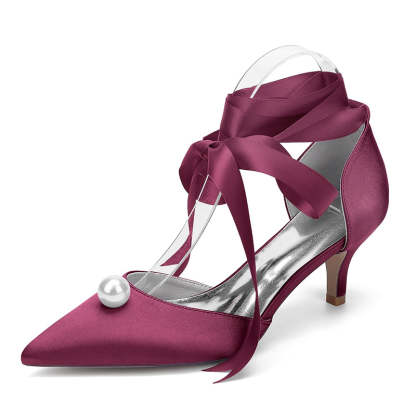 Bridal Shoes for Women with Ankle Straps and Pearl Mid Heel Pointed Toe