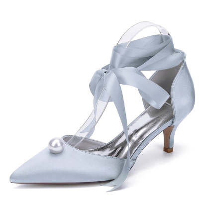 Bridal Shoes for Women with Ankle Straps and Pearl Mid Heel Pointed Toe