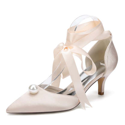 Bridal Shoes for Women with Ankle Straps and Pearl Mid Heel Pointed Toe