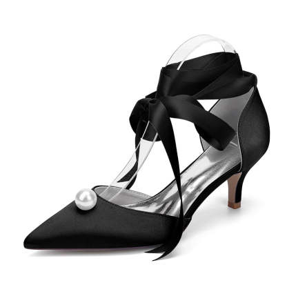 Bridal Shoes for Women with Ankle Straps and Pearl Mid Heel Pointed Toe