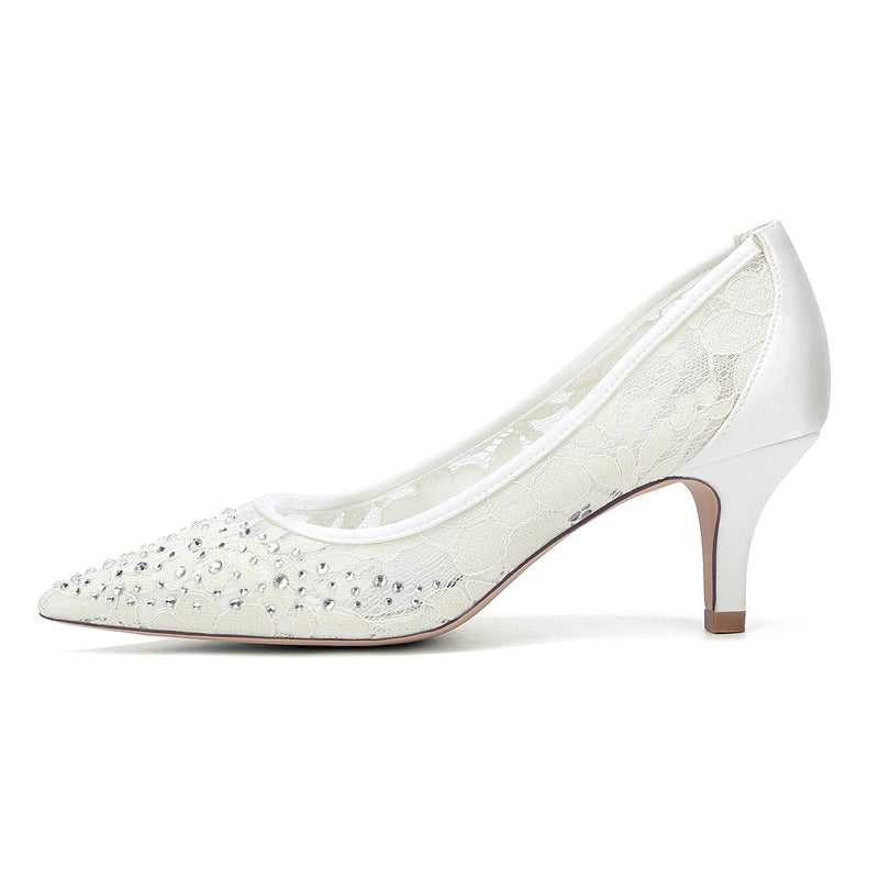 Bridal Shoes for Women with Lace and Crystals Pointed Toe Mid Heel