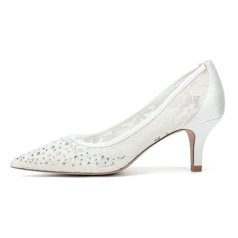 Bridal Shoes for Women with Lace and Crystals Pointed Toe Mid Heel
