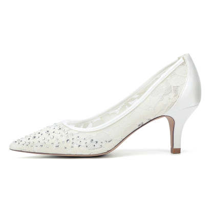 Bridal Shoes for Women with Lace and Crystals Pointed Toe Mid Heel