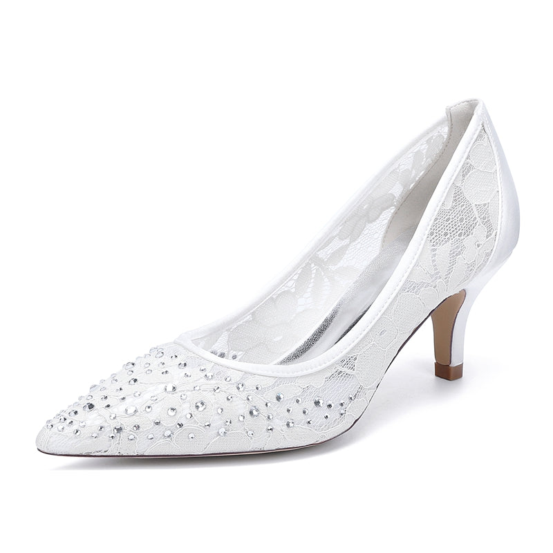 Bridal Shoes for Women with Lace and Crystals Pointed Toe Mid Heel