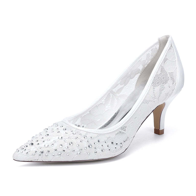 Bridal Shoes for Women with Lace and Crystals Pointed Toe Mid Heel
