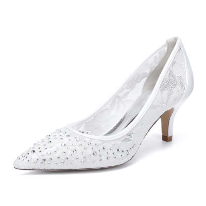 Bridal Shoes for Women with Lace and Crystals Pointed Toe Mid Heel