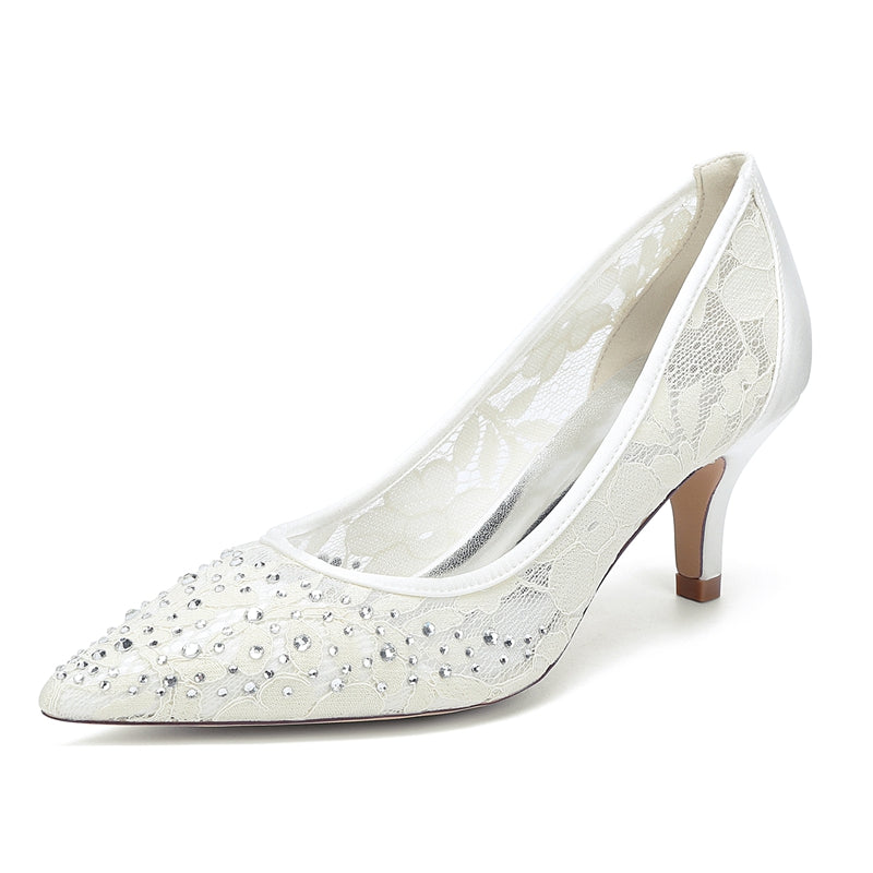 Bridal Shoes for Women with Lace and Crystals Pointed Toe Mid Heel