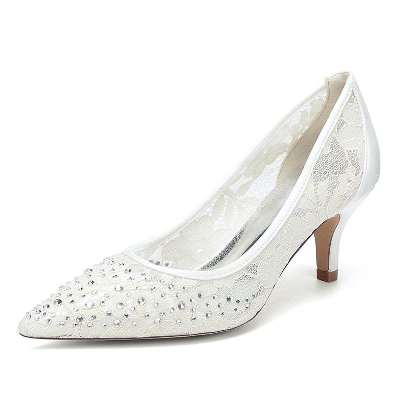 Bridal Shoes for Women with Lace and Crystals Pointed Toe Mid Heel
