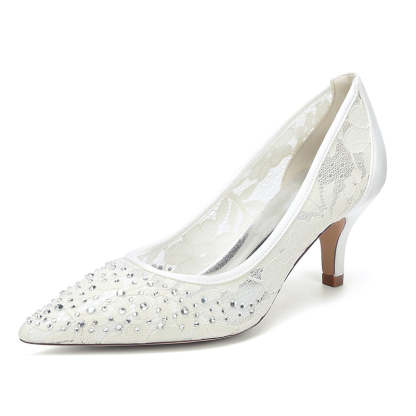Bridal Shoes for Women with Lace and Crystals Pointed Toe Mid Heel