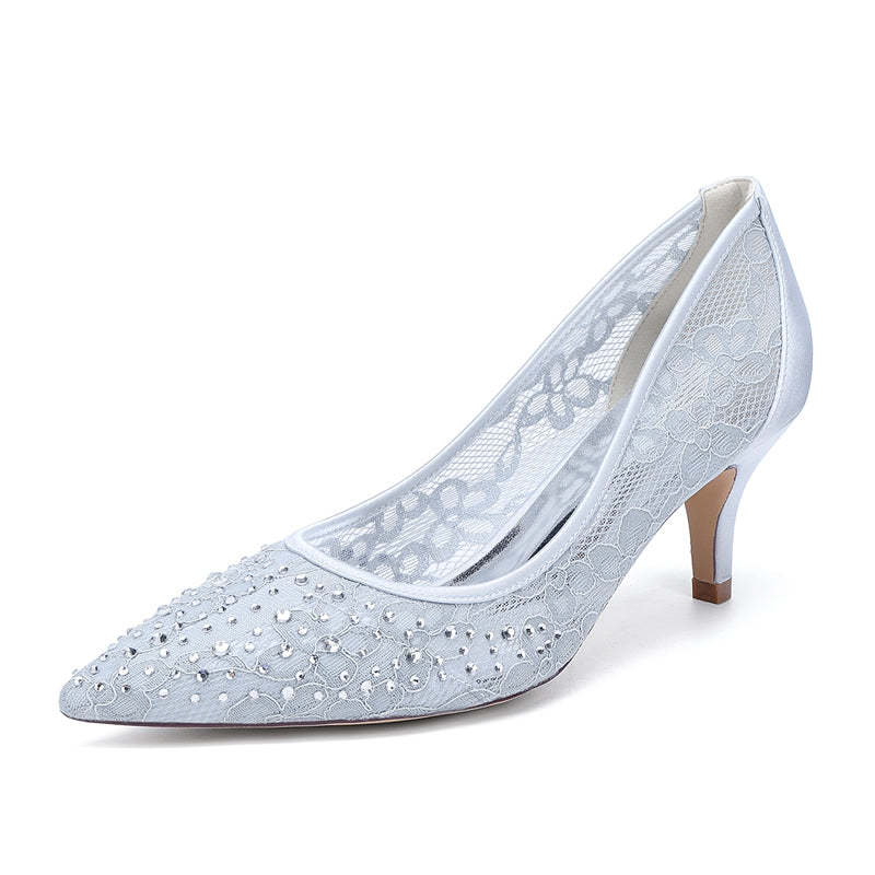 Bridal Shoes for Women with Lace and Crystals Pointed Toe Mid Heel