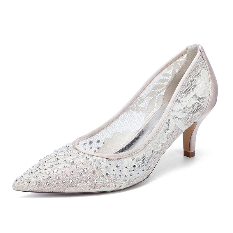 Bridal Shoes for Women with Lace and Crystals Pointed Toe Mid Heel
