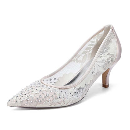 Bridal Shoes for Women with Lace and Crystals Pointed Toe Mid Heel