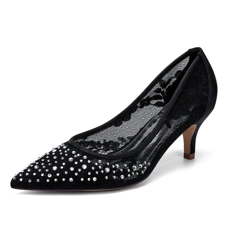 Bridal Shoes for Women with Lace and Crystals Pointed Toe Mid Heel