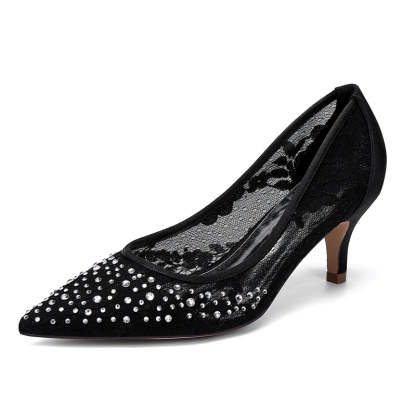 Bridal Shoes for Women with Lace and Crystals Pointed Toe Mid Heel