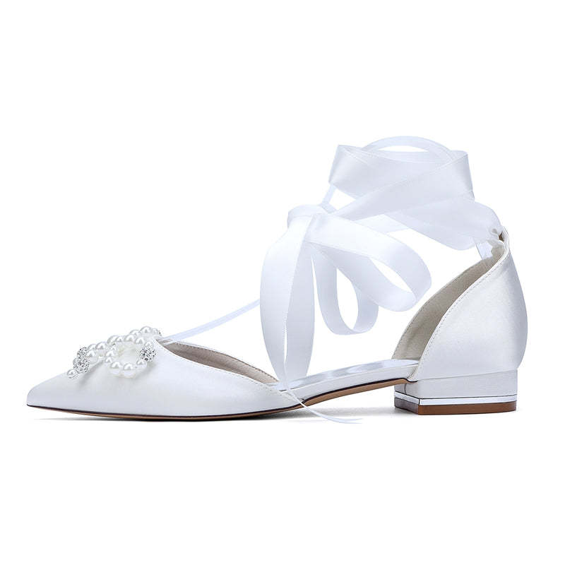 Bridal Shoes for Women with Low Heel Pointed Toe Ankle Straps Pearls & Rhinestones Bowknot