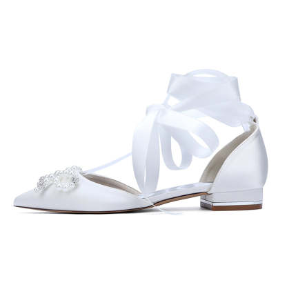 Bridal Shoes for Women with Low Heel Pointed Toe Ankle Straps Pearls & Rhinestones Bowknot