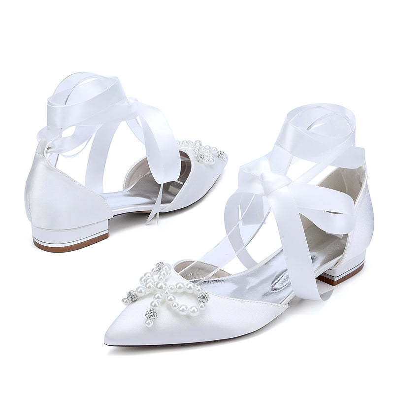 Bridal Shoes for Women with Low Heel Pointed Toe Ankle Straps Pearls & Rhinestones Bowknot