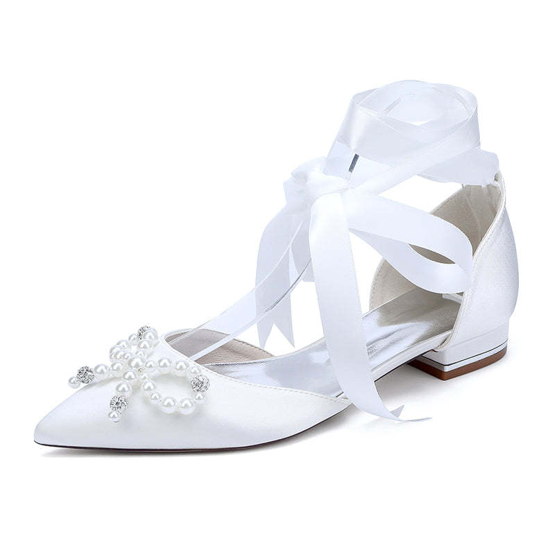 Bridal Shoes for Women with Low Heel Pointed Toe Ankle Straps Pearls & Rhinestones Bowknot