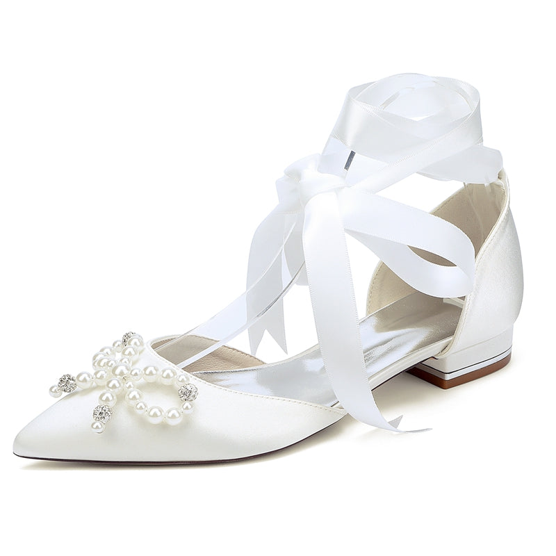 Bridal Shoes for Women with Low Heel Pointed Toe Ankle Straps Pearls & Rhinestones Bowknot