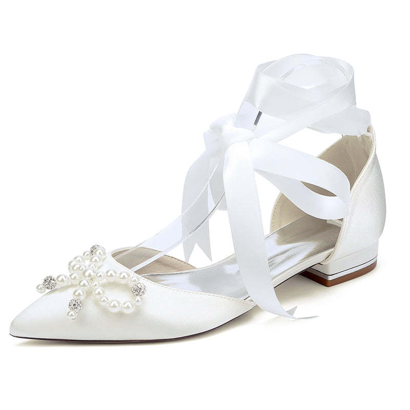 Bridal Shoes for Women with Low Heel Pointed Toe Ankle Straps Pearls & Rhinestones Bowknot