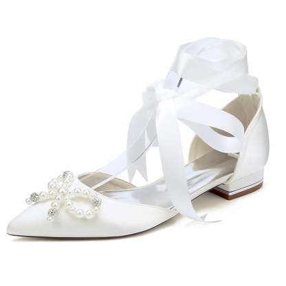 Bridal Shoes for Women with Low Heel Pointed Toe Ankle Straps Pearls & Rhinestones Bowknot