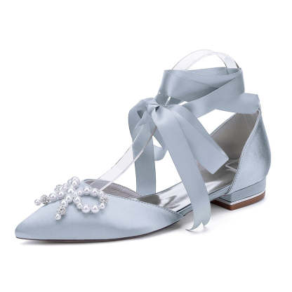 Bridal Shoes for Women with Low Heel Pointed Toe Ankle Straps Pearls & Rhinestones Bowknot