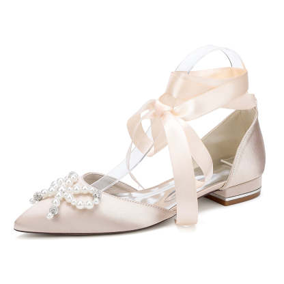 Bridal Shoes for Women with Low Heel Pointed Toe Ankle Straps Pearls & Rhinestones Bowknot