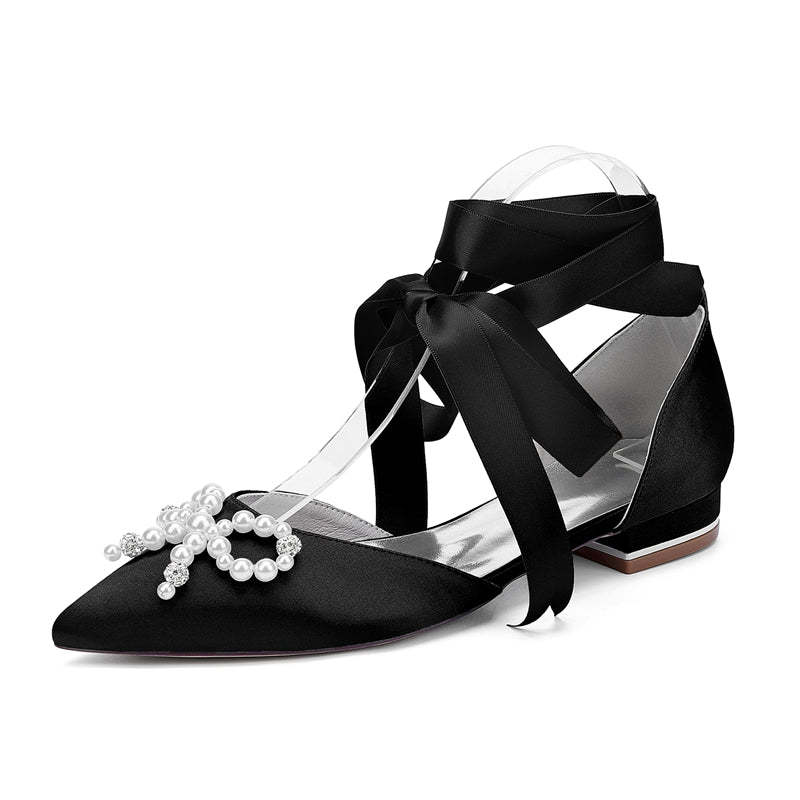 Bridal Shoes for Women with Low Heel Pointed Toe Ankle Straps Pearls & Rhinestones Bowknot