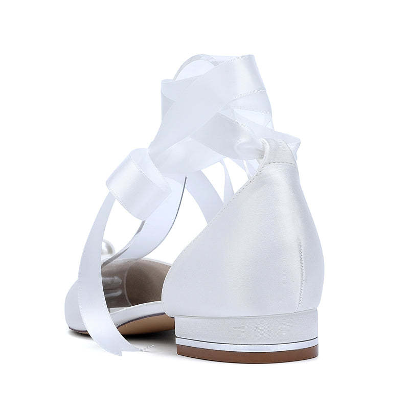 Low-heel pointed toe bridal shoes for women with ankle straps and pearl details