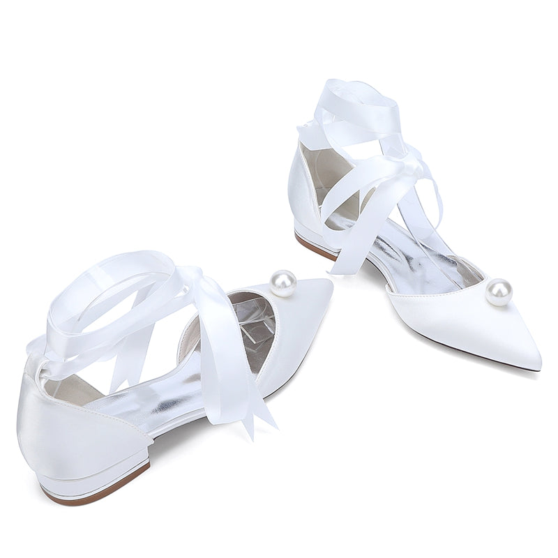 Low-heel pointed toe bridal shoes for women with ankle straps and pearl details