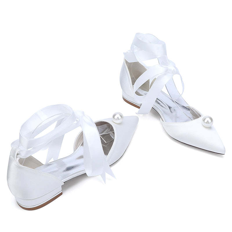 Low-heel pointed toe bridal shoes for women with ankle straps and pearl details